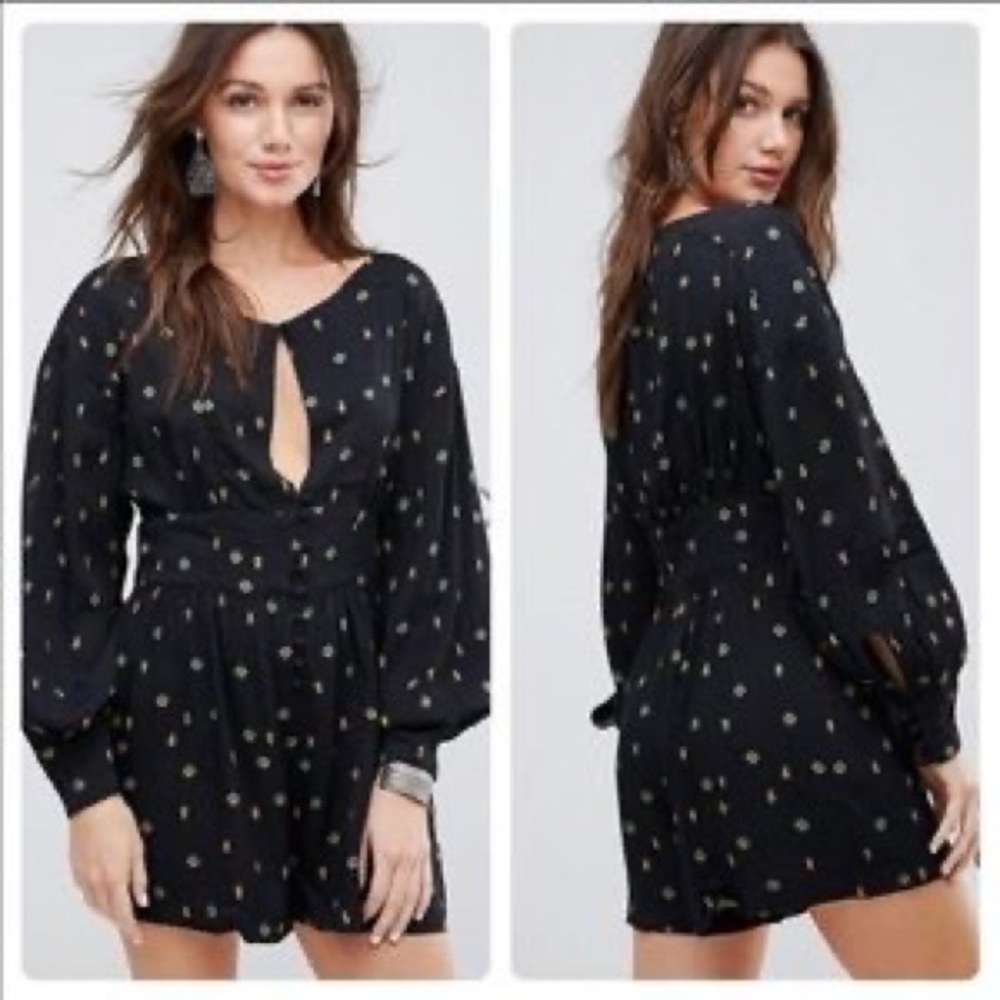 NWT Free People Love Grows Black Floral Long Sleeve Keyhole Romper XS